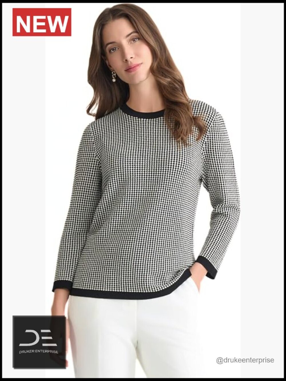 3/4 Sleeve Jacquard Pullover Sweater - Soft Breathable Knit